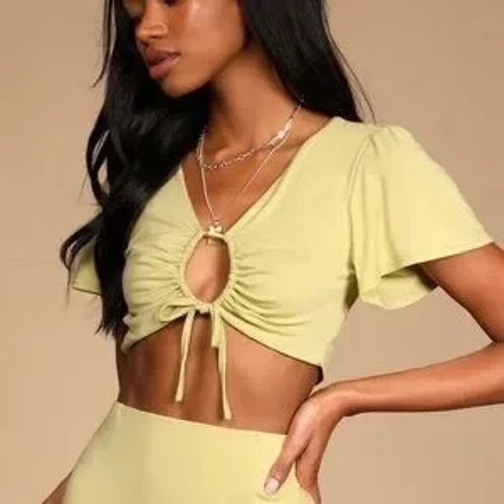Lulu's Tie Front Flutter Sleeve Belly Shirt Green Size Small Indie Festival